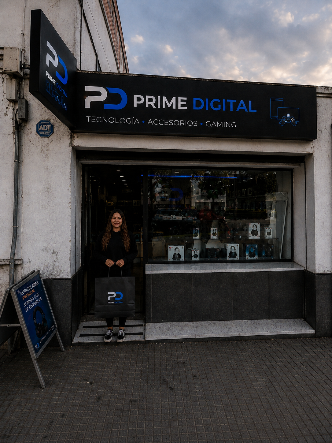 Cliente con una bolsa de Prime Digital frente al local