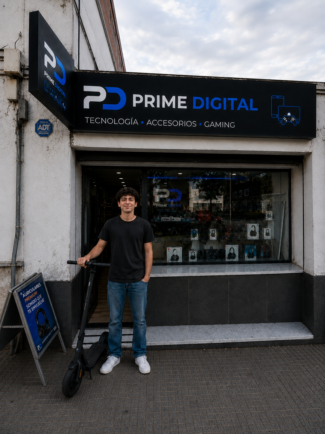 Cliente con un monopatín eléctrico frente al local de Prime Digital